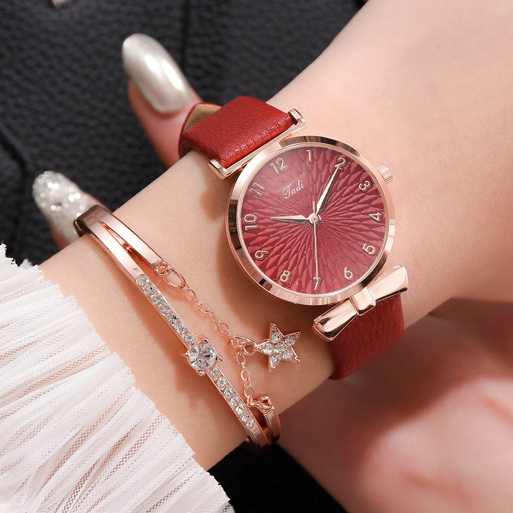 Fashion Women Watches Luxury Leather Buckle Flower Rhinestone Watch Ladies Quartz Wrist Watch Bracelet Set Reloj Mujer