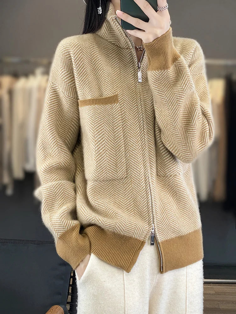 100% Merino Wool Women Sweater Casual Turtleneck Fancy Yard Cardigan Female Knitwear Long Sleeve Cashmere Overcoat Clothing Tops
