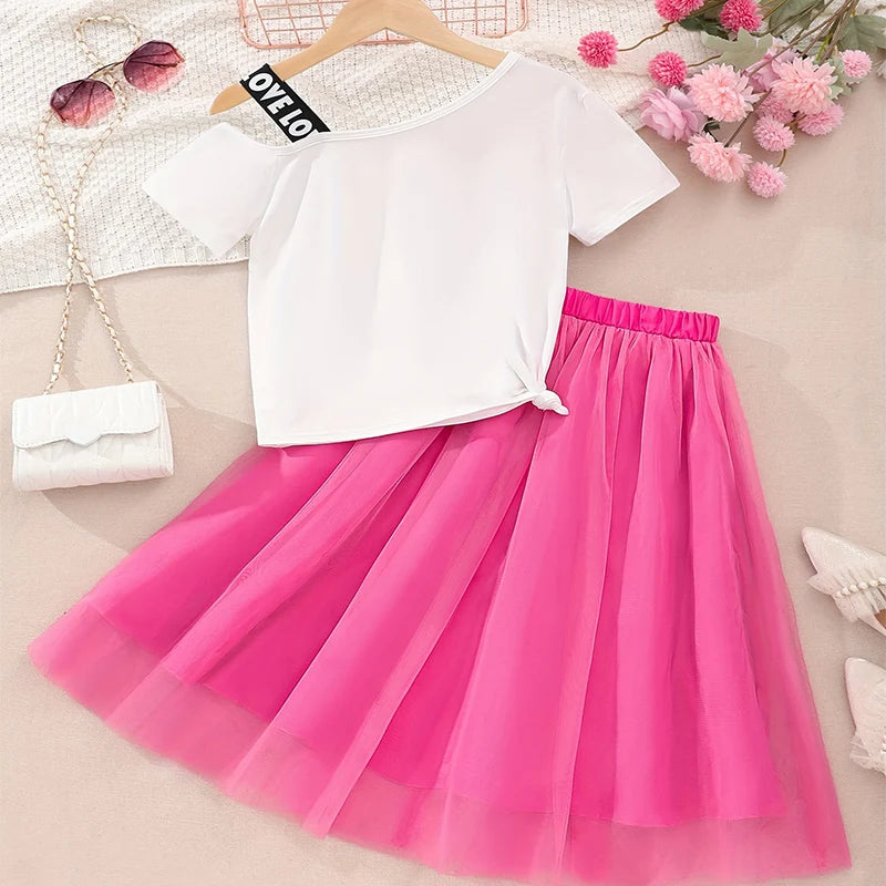 Two Piece Summer Girl Cute And Fashionable Print Off Shoulder Strap Short Sleeved Mesh Skirt Set Daily Party And Party Set