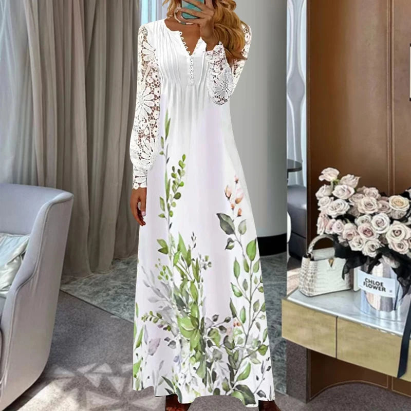 Spring Women Lace Button Loose Boho Vintage Ruffles Dresses Befree Summer Elegant Party Large Big Summer Party Maxi Dress