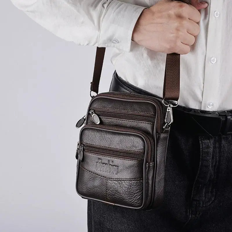 Men’s Genuine Leather Crossbody Bag,Double Zipper Small Shoulder Bag,Compact Multi-Pocket Sling Bag for Everyday Carry