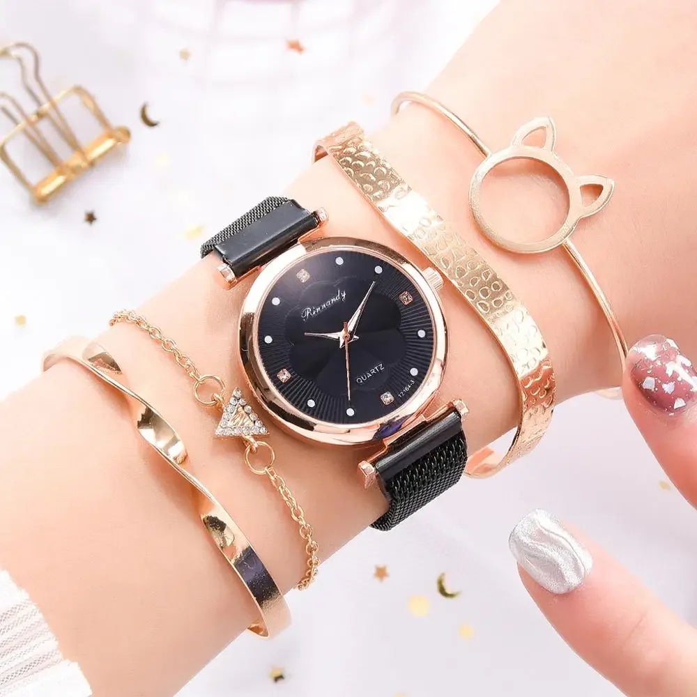 5pcs/Set Luxury Women Watches Luxury Magnet Buckle Flower Rhinestone Watch Ladies Quartz Wrist Watch Bracelet Set Reloj Mujer