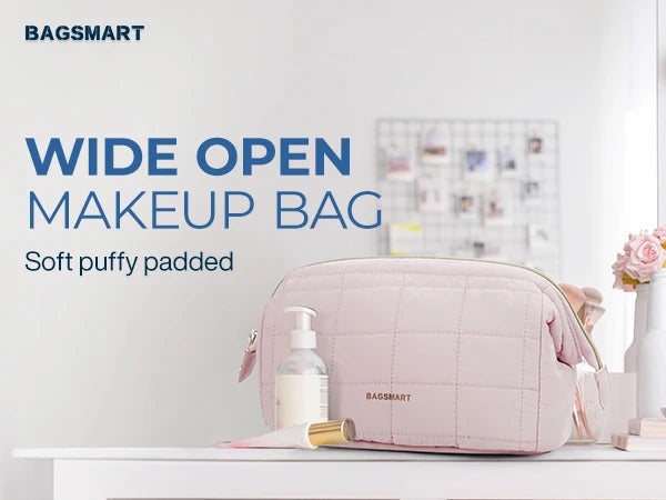 BAGSMART Makeup Bag Puffy Padded Make Up Bags for Women Makeup Organizer Case Wide-open Pouch Toiletry Bag Travel Essentials