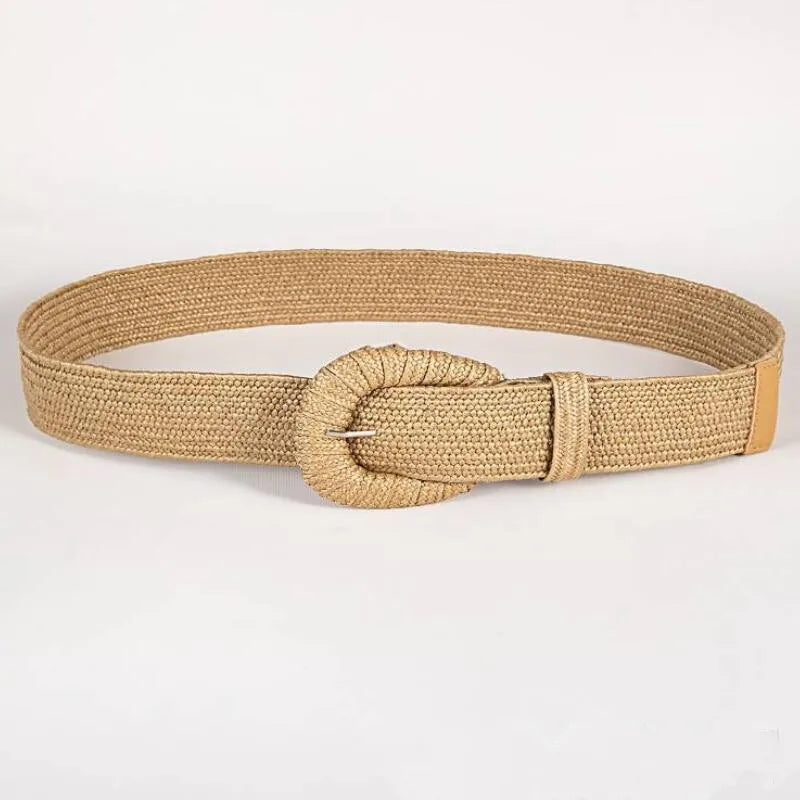 New Retro Women Summer Pin Buckle Belts Fashion Female Braided Wide Belts Designer Woven Elastic PP Straw Grass Girls Waistband