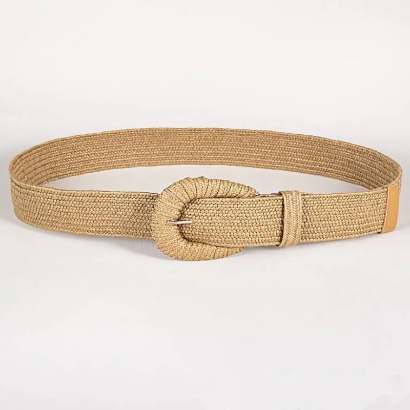 Bohemian Style Hand-woven Black and White Round Buckle Women Belts Designer Woven Elastic PP Straw Grass Girls Waistband