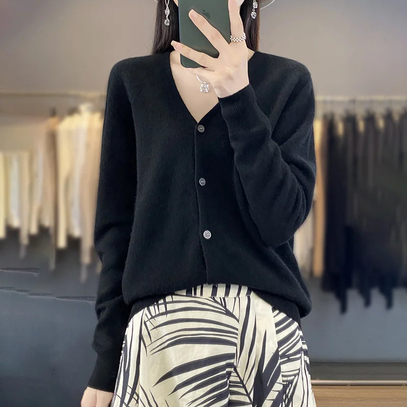 New Fashion Spring Autumn 100% Merino Wool Women's V-neck Cardigan Cashmere Sweater 2024 Female Knitwear Clothing Korean Tops