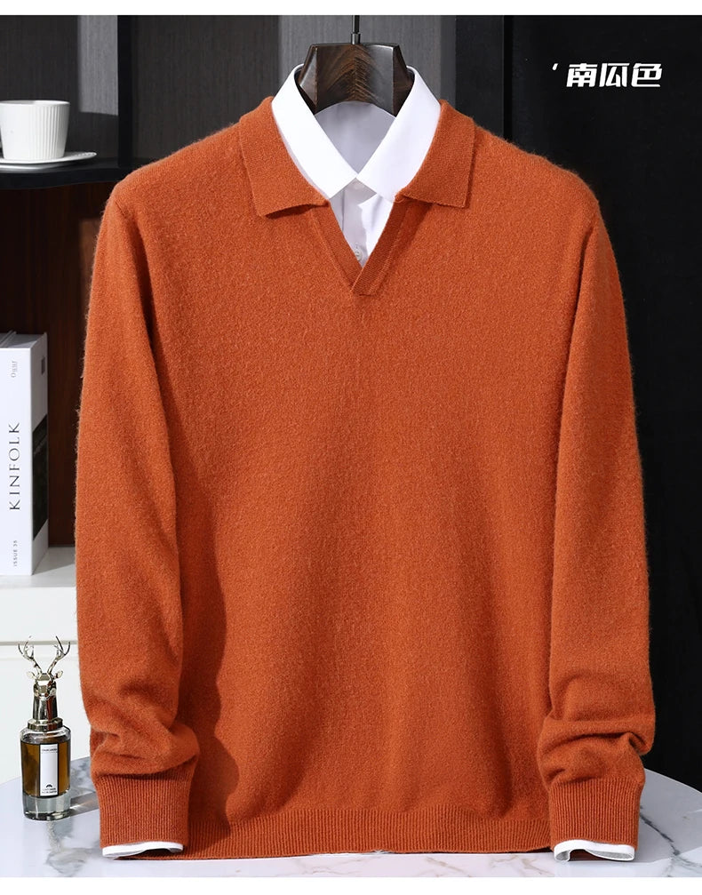 Autumn/Winter Men's 100% Pure Cashmere Pullover Business Casual Solid Knitted Sweater Loose Collar Tops Thick Warm Base Jumper