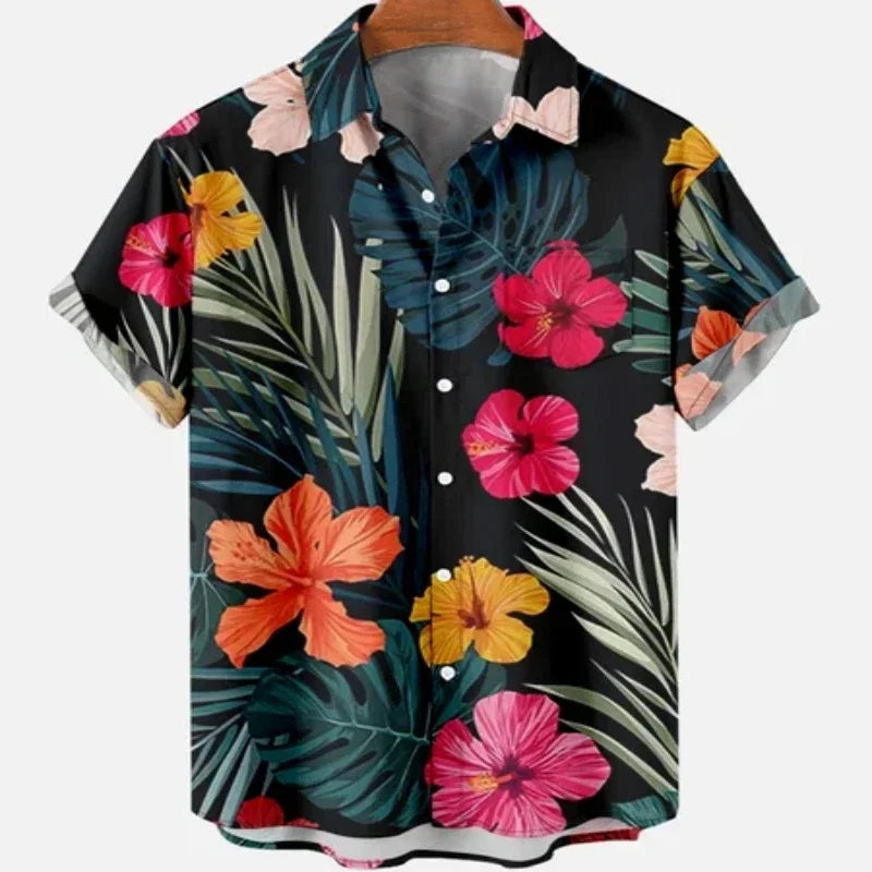 Summer Men's Leaves Elegant Floral Social Hawaiian Short Sleeve Oversized Casual Shirt Printing Vacation Style Harajuku Camisa