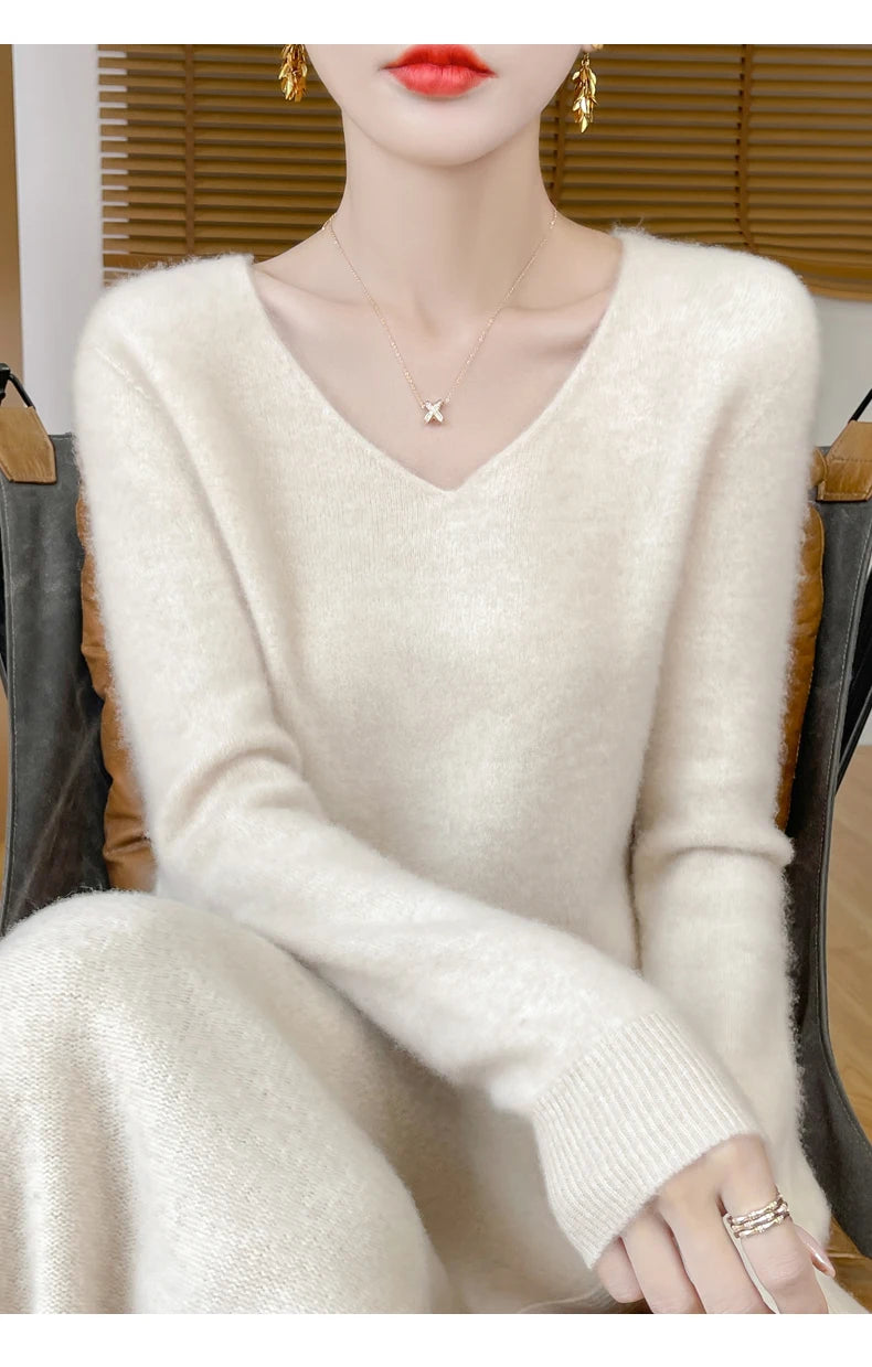 Fashion Pullover 100% Merino Wool Women Sweater V-Neck Long Sleeve Basic Jumper Spring Autumn Winter Clothing Knitwear Tops