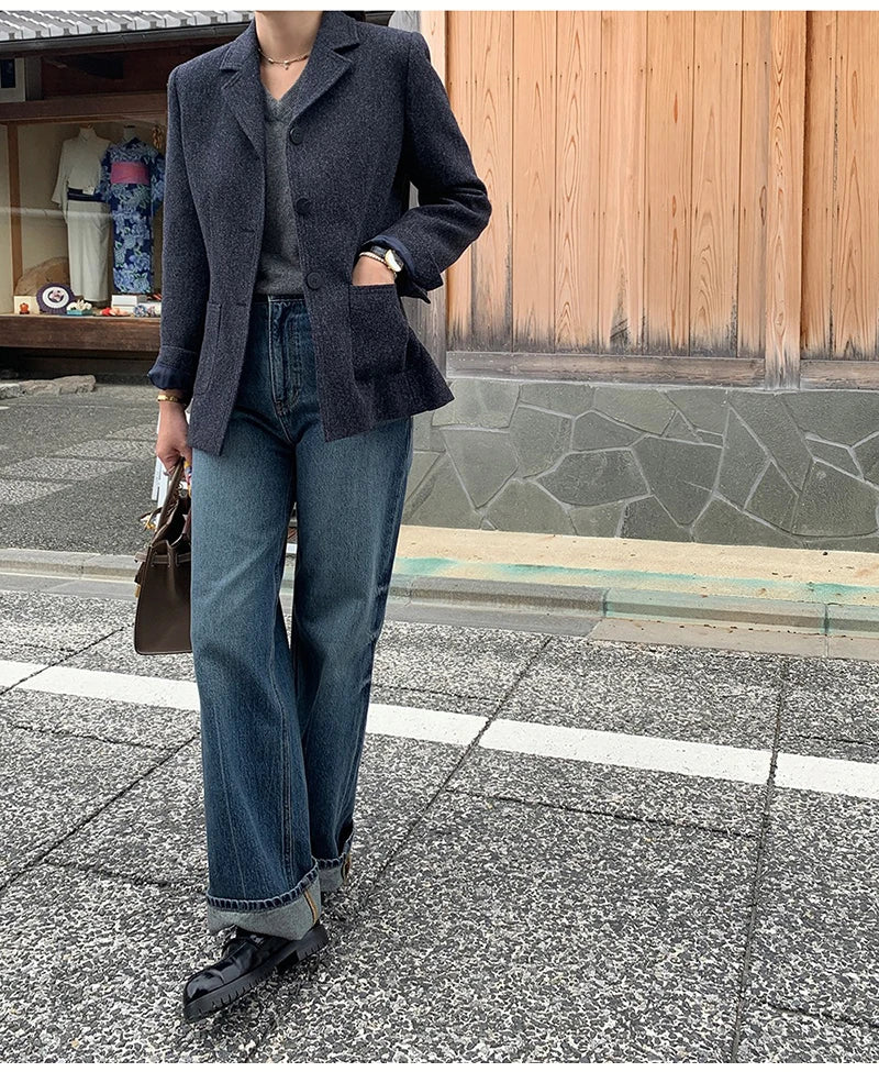50 Wool Women Notched Collar Blazer Jacket Coat Fall Winter Thick Warm Overcoat Pocket Fashion Slim Waist Buttons Coat 2024 New
