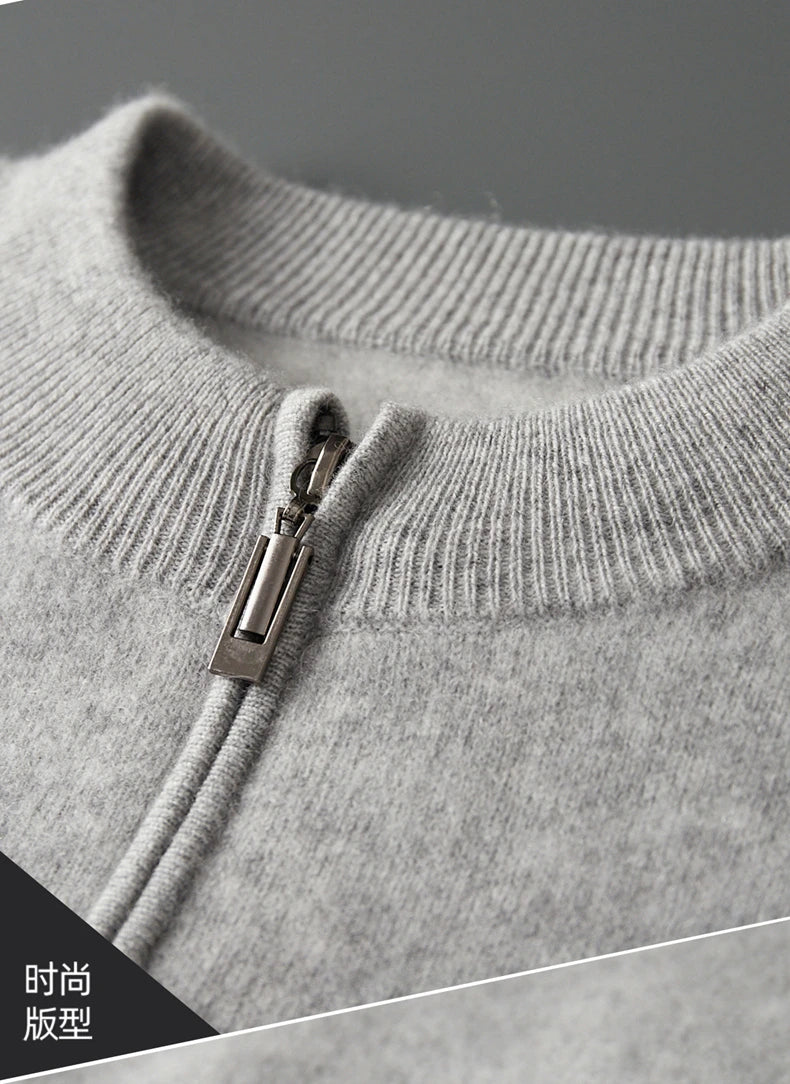Winter Cashmere Sweater Men's Round Neck Knitted Jacket Contrast Striped Zipper Cardigan Youth Wool Thick Sweater