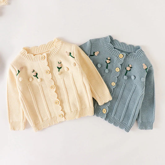 Winter Spring Baby Girl Knitted Clothing Long Sleeved Floral Embroidery Sweater Coat Newborn Baby Girls Knitting Cardigan