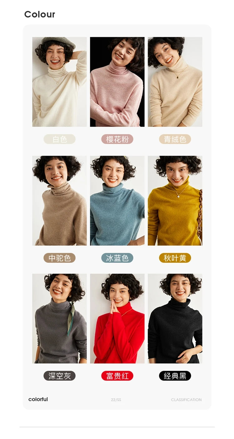 Women's 100% Cashmere Sweater Casual Solid Color Knitted Pullover Loose High Neck Jumper Autumn/Winter Warm Blouse Tops