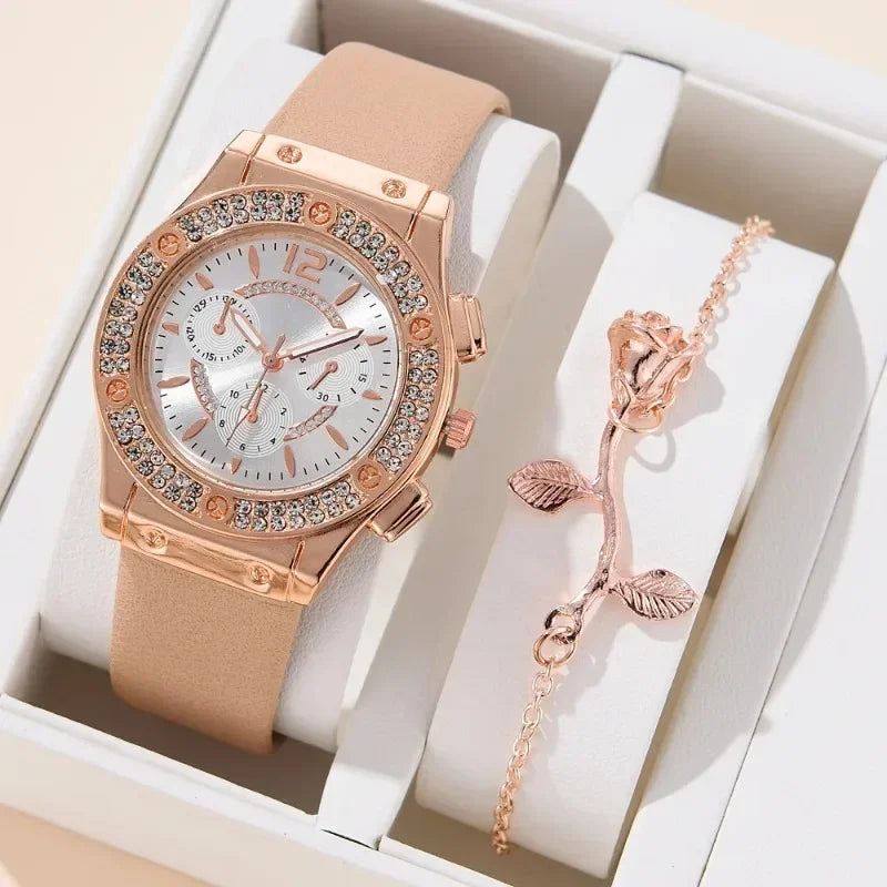 2pcs Elegant Wristwatch Flower Bracelet Watches Set Luxury Rhinestone Women Quartz Watch for Girl Ladies Clock Relogios Feminino