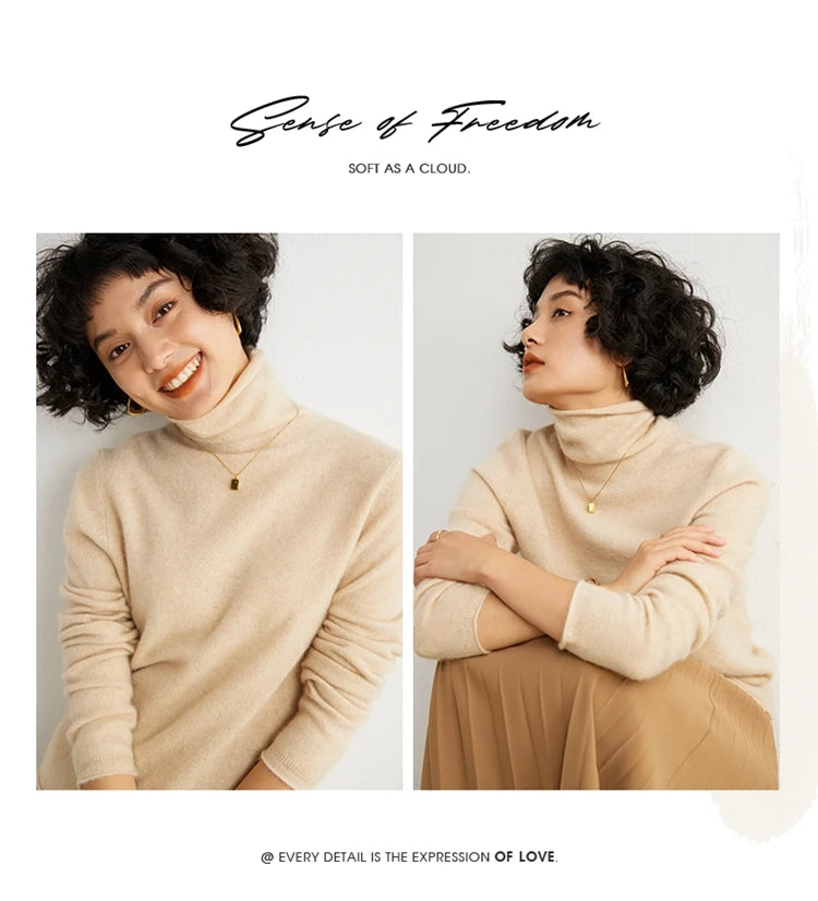 Women's 100% Cashmere Sweater Casual Solid Color Knitted Pullover Loose High Neck Jumper Autumn/Winter Warm Blouse Tops