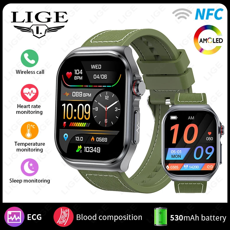 LIGE New ECG+PPG Smart Watch Micro Physical Examination Blood Lipids Uric Acid NFC Bluetooth Call Health Smartwatch Men Women