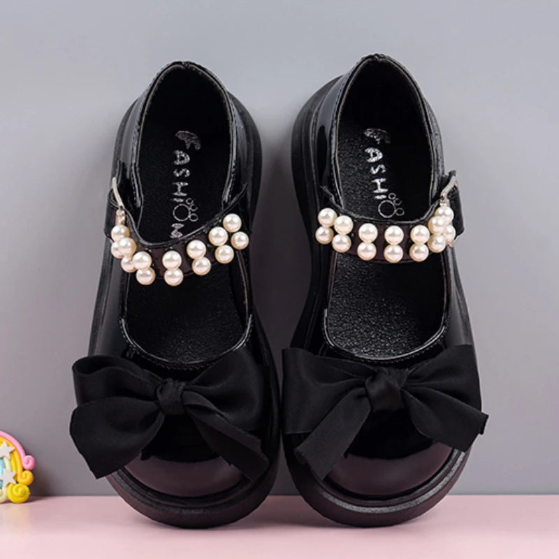 Children Princess Shoes Lolita Toddlers Pearl Bow Single Shoes Fashion Girl Leather Shoes Glossy Kids Mary Jane Shoes for Party