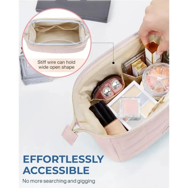 Makeup Bag Travel Toiletry Bag Puffy Padded Make Up Bags Wide Open Pouch Purse Travel Essentials Toiletries Accessories Brushes