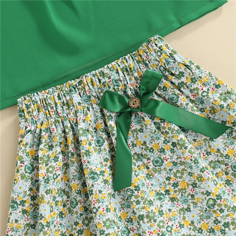 Fashion Toddler Kid Girls Summer Clothing Outfits Fly Sleeve Solid Color T-Shirt Top + Floral Printed Mini Skirt Set