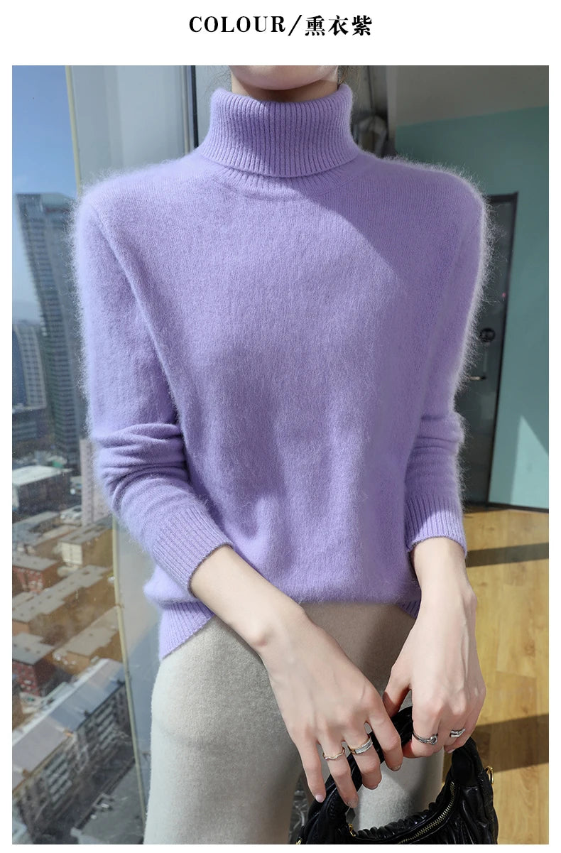 100% Mink Cashmere Top-Lapel Women Sweater Long-sleeves Fashion High-elasticity Sexy Winter Knitted Pullover Girl Tops 2024