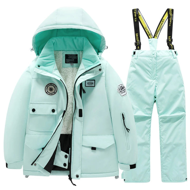 Winter children's skiing suit for boys and girls, windproof and waterproof thick coat for warmth and snow playing equipment
