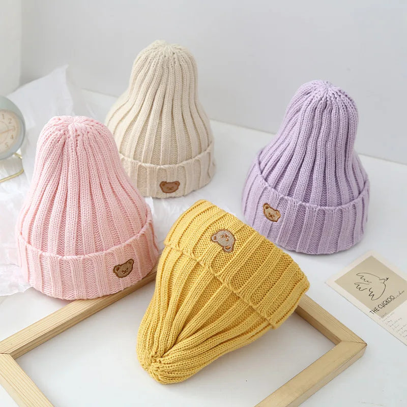 Gorro de invierno para bebé, gorro tejido de algodón para otoño, gorro para niños y niñas, bonito oso de dibujos animados, gorro suave y cálido de Color sólido para niños