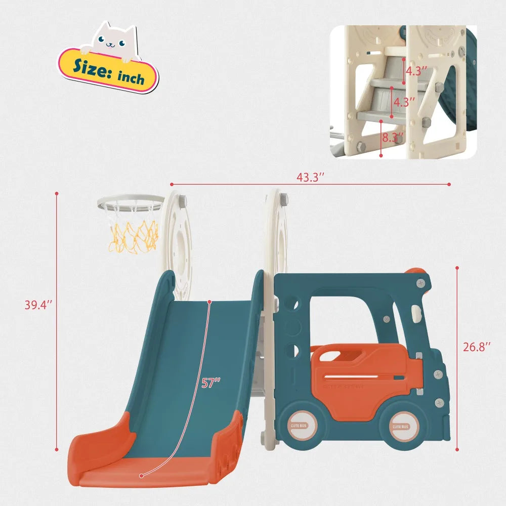 Tobogán para niños con estructura de juego de autobús, juguete de autobús independiente con tobogán para niños pequeños, juego de tobogán de autobús con juguete de regalo de baloncesto para niños