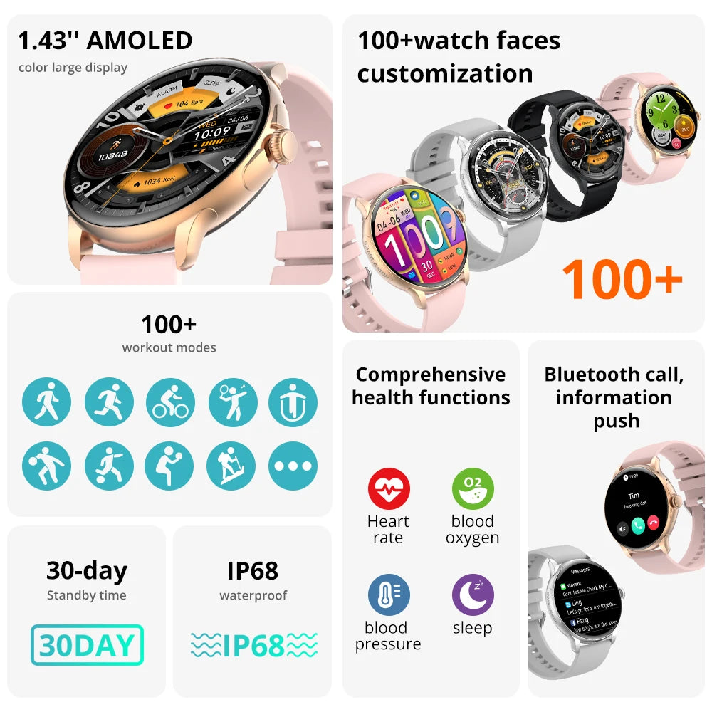 COLMI V72 Smart Watch Men 1.43'' AMOLED Display 100 Sports Modes 7 Day Battery Life Bluetooth Call Health Smartwatch Women