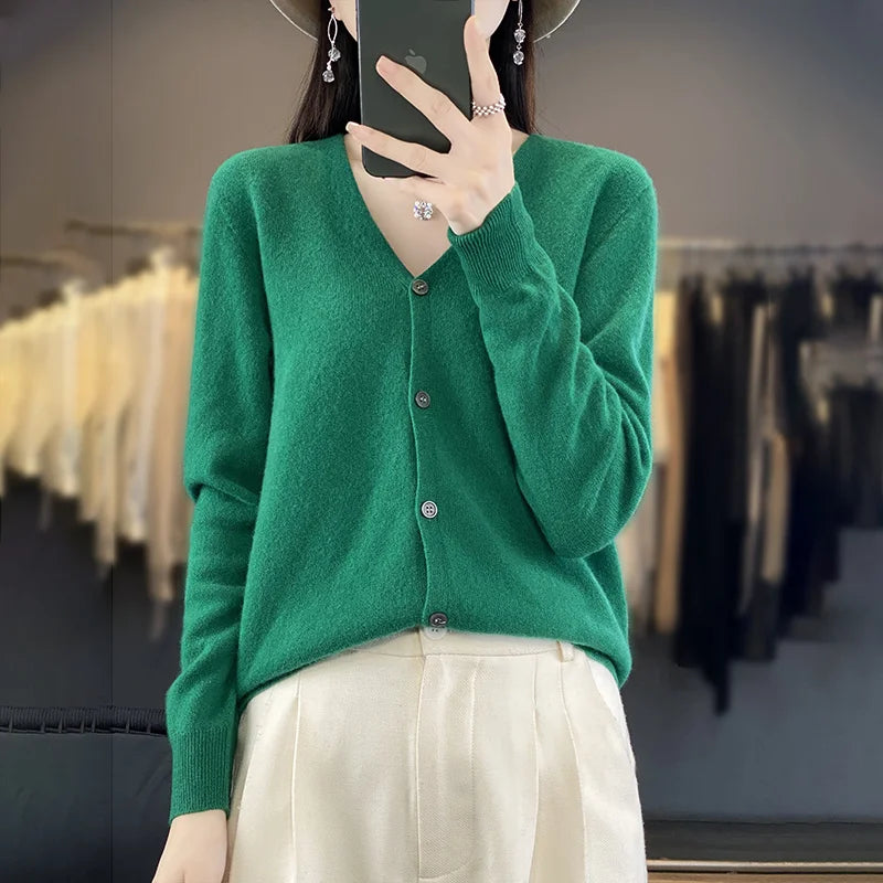 New Fashion Spring Autumn 100% Merino Wool Women's V-neck Cardigan Cashmere Sweater 2024 Female Knitwear Clothing Korean Tops