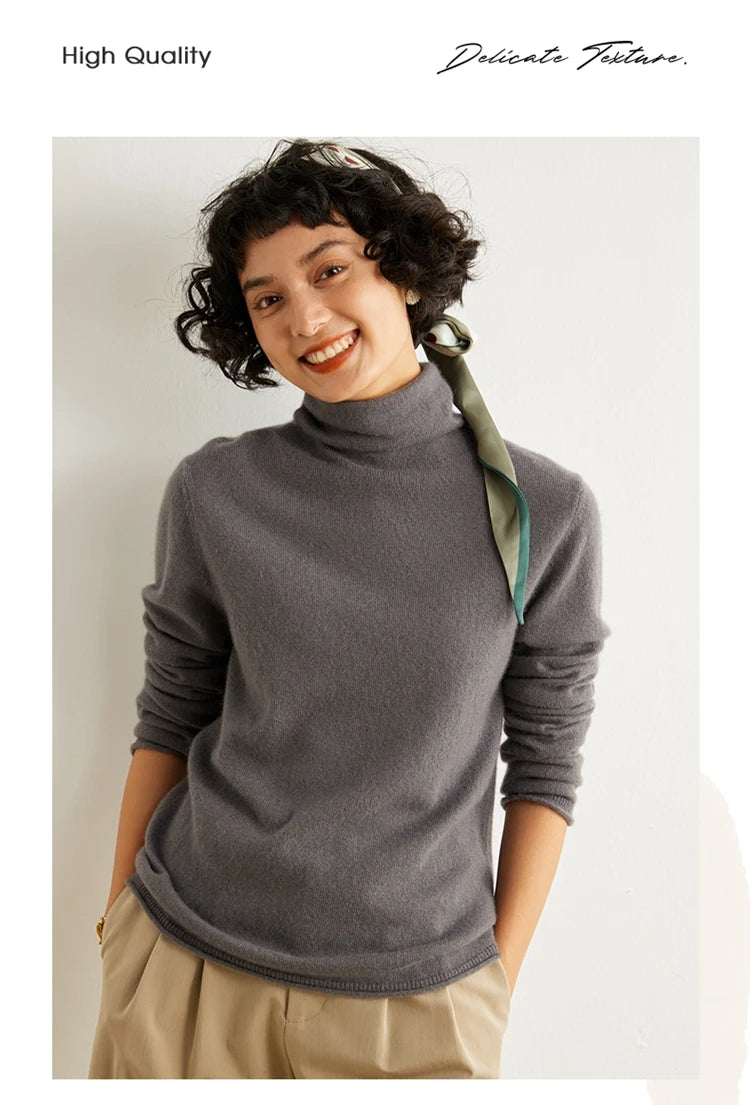 Women's 100% Cashmere Sweater Casual Solid Color Knitted Pullover Loose High Neck Jumper Autumn/Winter Warm Blouse Tops