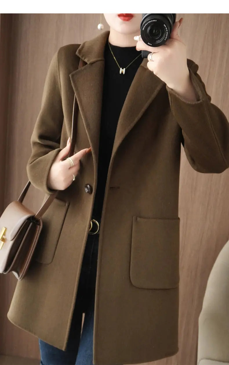 100% Pure Wool Double-Sided Cashmere Jacket Women Overcoat  Autumn Winter New Mid-Length One-Button Slim Wool Windbreakers coat