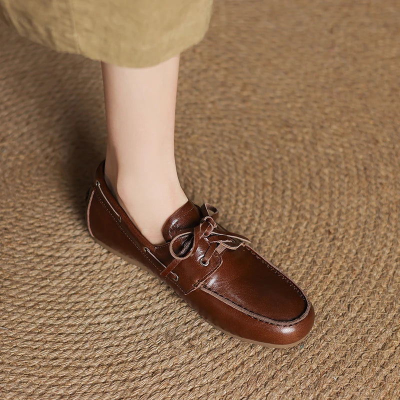 2026 New Spring Genuine Leather Women Shoes Round Toe Women Flats Shoes for Women Retro Lace Up Loafers Fashion Ladies Shoes