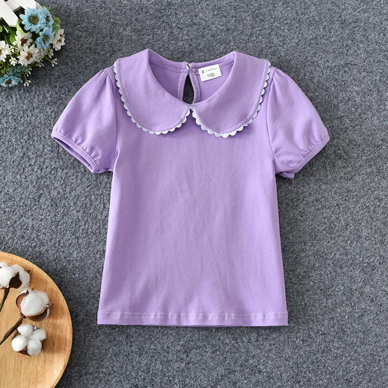 Girls T-shirts Summer Short Sleeve Cotton T shirt Peter Pan Collar Baby Toddler Girl Blouse Shirt Kids Tops Children's Clothes