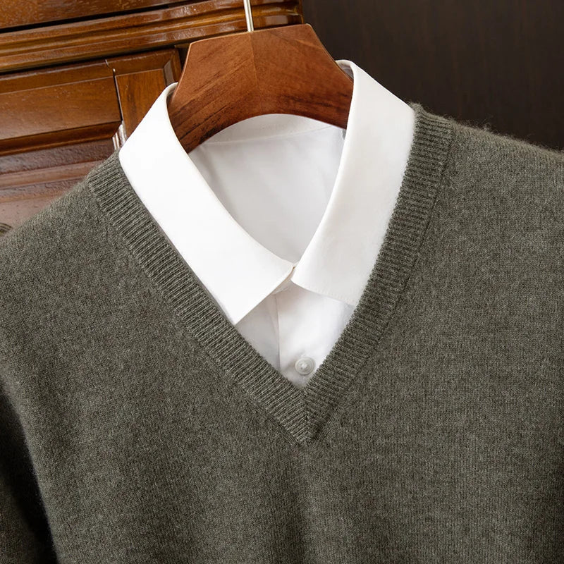 100% Cashmere Men's Pullover Casual Solid Color Knitted Sweater Loose Pull V-Neck Tops Basic Versatile Jumper