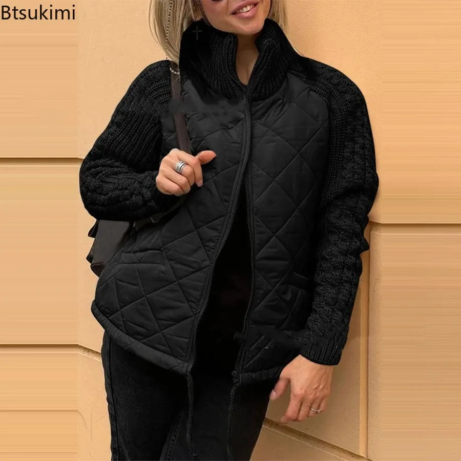 Winter Women Jackets Solid Stand Collar Neck Parkas Patchwork Drawstring Hem Zipper Closure Cotton Jacket Warm Cardigan Coats