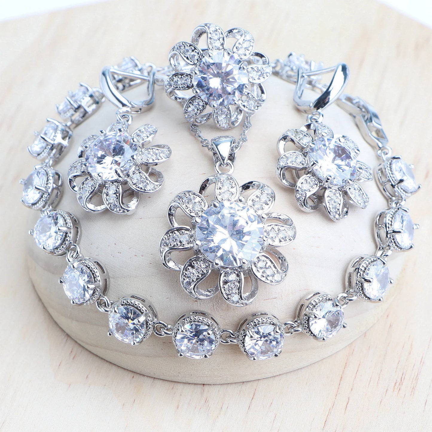 Round Red Zircon Wedding 925 Silver Jewelry Sets Bridal Jewelry Stones Earrings Rings Bracelets Pendant Necklace Set For Women