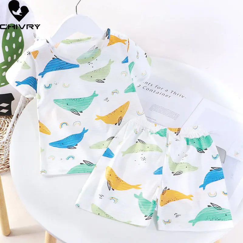Pijamas para niños y niñas, Tops finos y transpirables de manga corta con cuello redondo y pantalones cortos, conjuntos de ropa para dormir para bebés, verano 2023