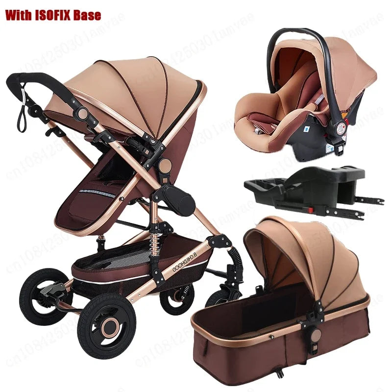 Baby stroller 3in1 with car seat with ISOFIX base, luxury high landscape baby carriage aluminum alloy frame travel stroller