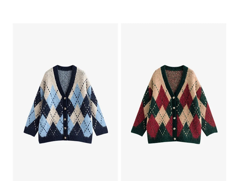 TOYOUTH Women Sweater Coats 2025 Winter New Retro Nordic Colorblock Argyle V-Neck Loose Wool-Blend Outerwear