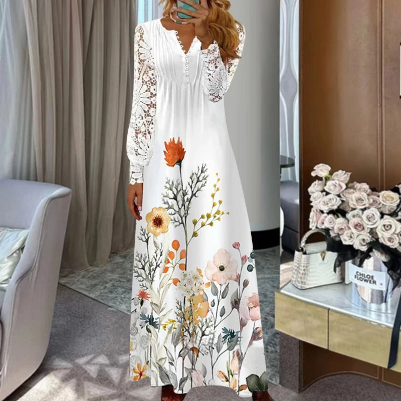 Spring Women Lace Button Loose Boho Vintage Ruffles Dresses Befree Summer Elegant Party Large Big Summer Party Maxi Dress