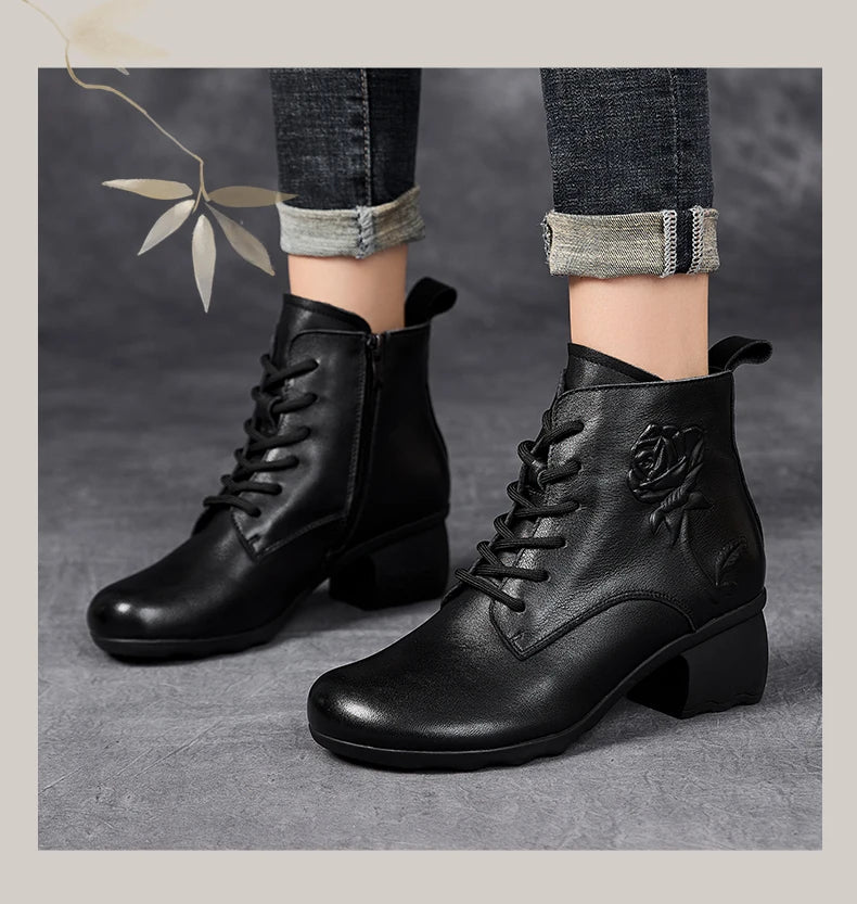 GKTINOO Spring Autumn Women Boots Genuine Leather High Heels Ankle Boots For Women Shoes Retro Handmade Zipper Short Boots