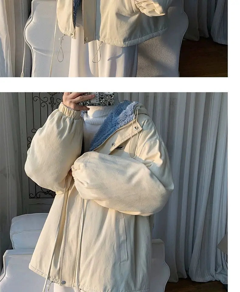 Lamb wool Jacket Women's 2025 Autumn winter New Korean version Loose Workwear Student cotton Jackets Female Hooded Warm Coat