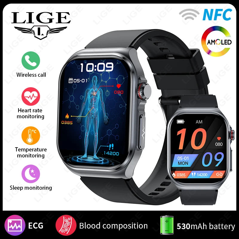 LIGE New ECG+PPG Smart Watch Micro Physical Examination Blood Lipids Uric Acid NFC Bluetooth Call Health Smartwatch Men Women