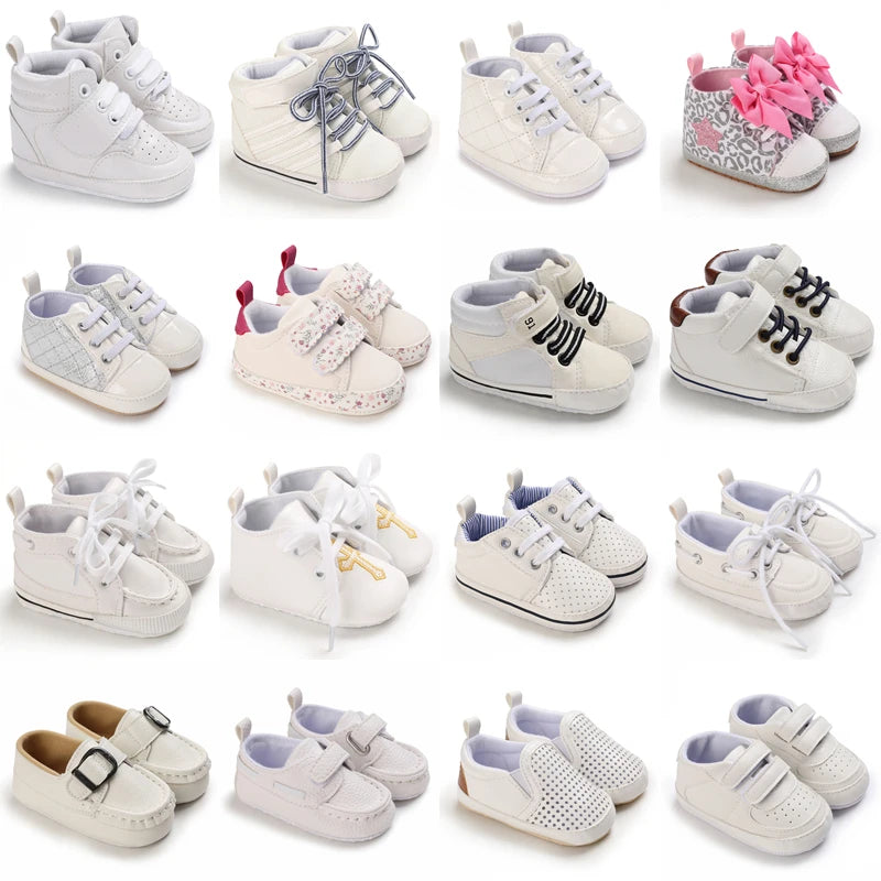 Zapatos de bebé recién nacido, niño y niña, deporte clásico, suela suave de cuero PU, zapatillas informales multicolor para primeros pasos, zapatos de bautismo blancos