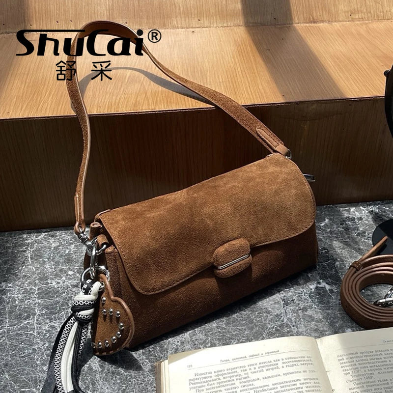 Genuine Grade Luxury Designer Women's Small Shoulder Crossbody Small Square Bags Suede Leather Female Daily Purse Underarm Bag