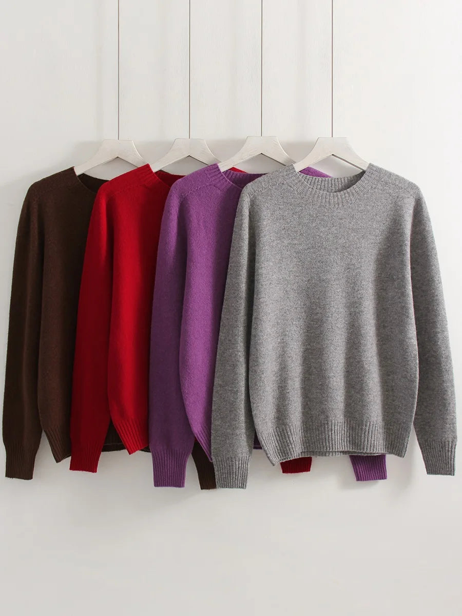 Women Cashmere Sweaters Burgundy O Neck Warm Knitted Brown Pullover Jumper Autumn Winter Wool Sweater Woman Purple Knit Top