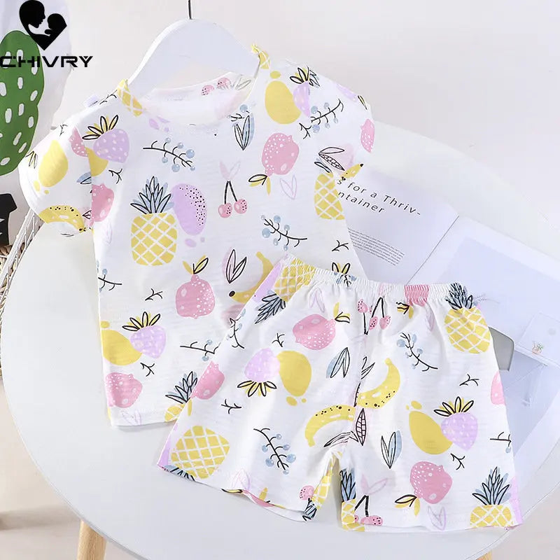 Pijamas para niños y niñas, Tops finos y transpirables de manga corta con cuello redondo y pantalones cortos, conjuntos de ropa para dormir para bebés, verano 2023