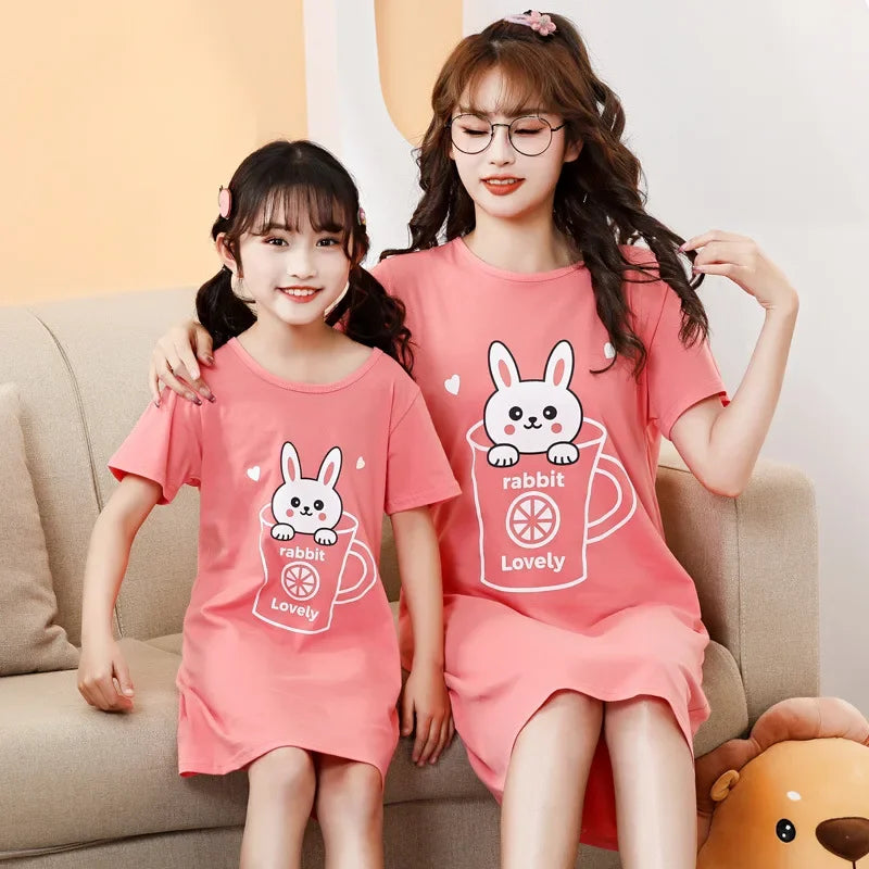 Fashion Summer Girls Nightgown Pajamas Kids Short Sleeved Nightdress Cute 100% Cotton Child Baby Sleeping Dress 6 8 12 14 Years