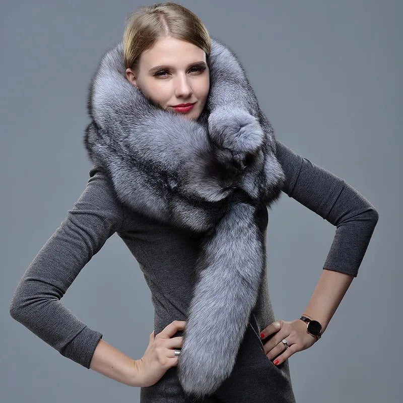 New Winter Large Real Fox Fur Collar Natural Fur Coat Scarves Luxury Women Men Jackets Hood Shawl Decor Female Neck Scarf Wraps