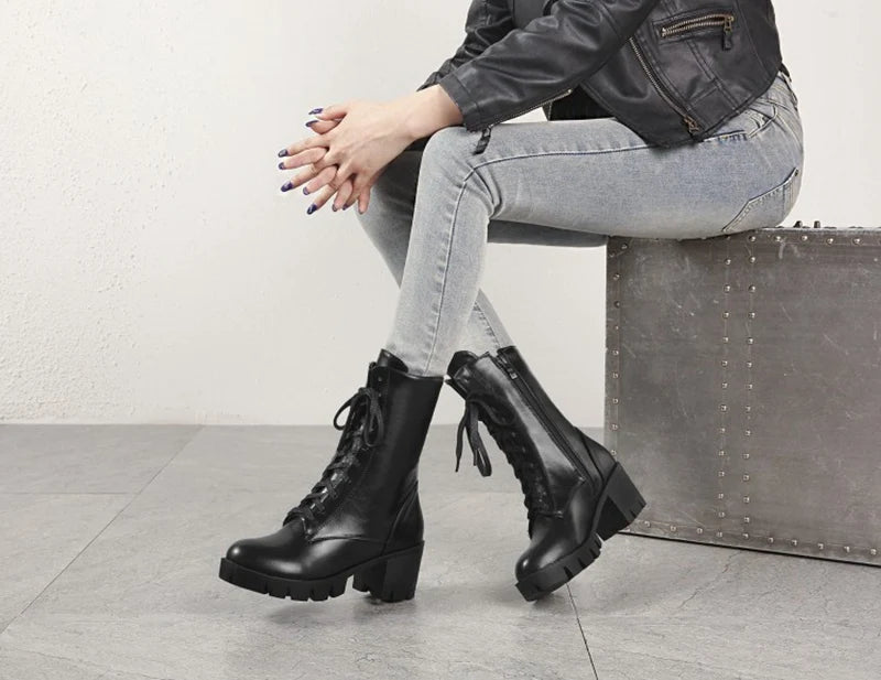 SIMLOVEYO Rubber Lace Up Black Autumn Chunky Boots big size 46 Ankle Boots Women Platform Shoes Ladies shoes women shoes Hot